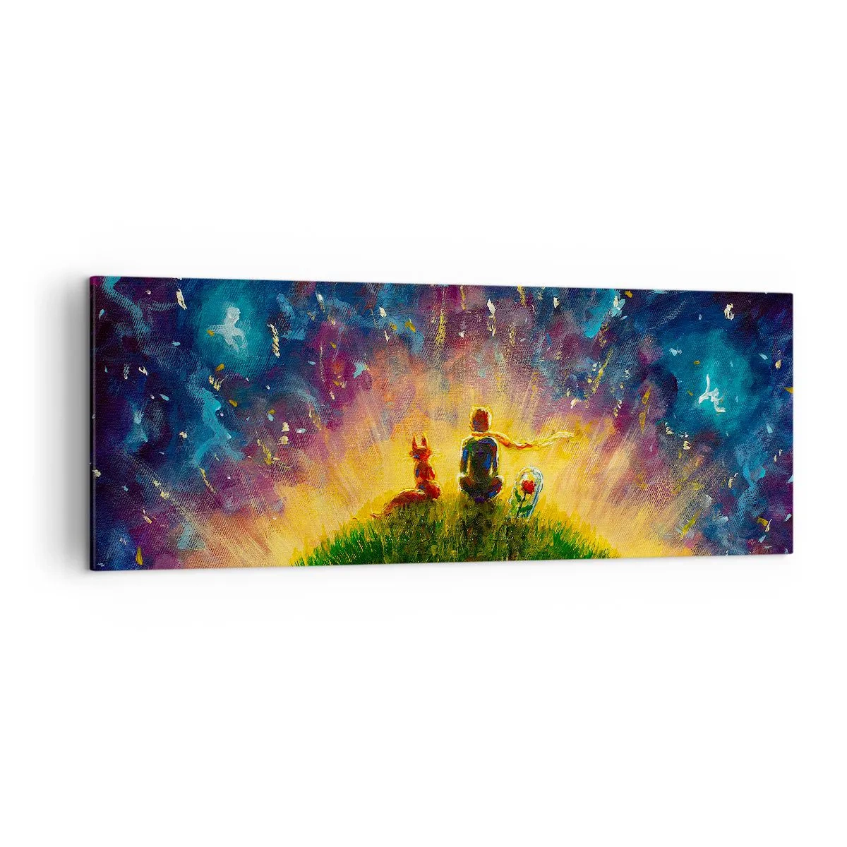 Quadro su tela - Stampe su Tela - Figure su una collina verde circondata da un cielo stellato - 140x50cm - Amore e amicizia: l'intero mondo - Decorazione murale moderna per soggiorno e camera da letto ARTTOR