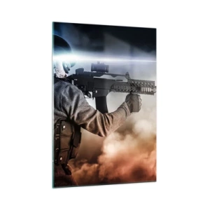 Quadro su vetro - Un soldato in azione spara con un fucile sullo sfondo del fumo. - 50x70cm - Semplicemente un eroe - Decorazione murale moderna per soggiorno e camera da letto ARTTOR