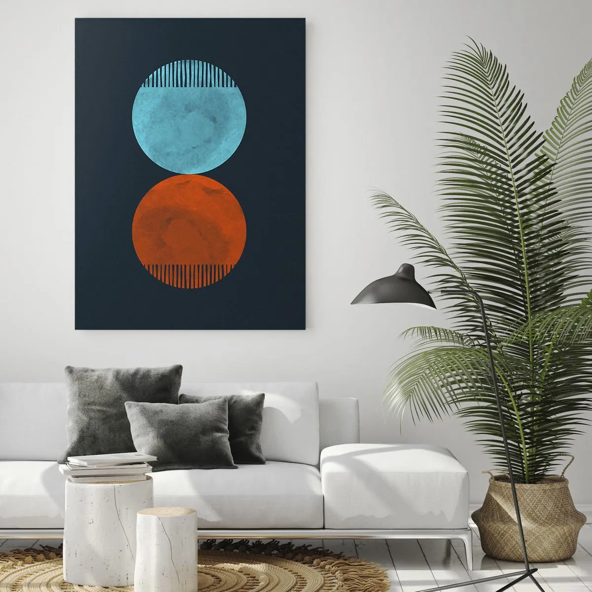 Quadro su vetro - Cerchi astratti in blu e arancione - 50x70cm - Solo geometria? - Decorazione murale moderna per soggiorno e camera da letto ARTTOR
