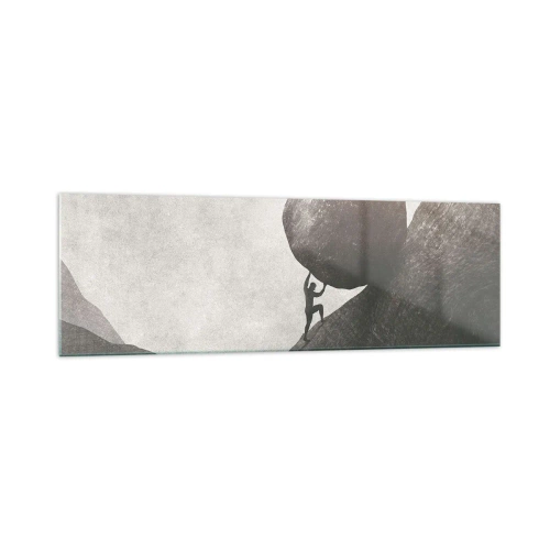 Quadro su vetro - Un uomo che scala un enorme masso su una collina - 160x50cm - Credo contro ogni speranza - Decorazione murale moderna per soggiorno e camera da letto ARTTOR