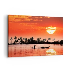 Quadro su tela - Stampe su Tela - Tramonto tropicale con una barca e palme sullo sfondo - 120x80cm - La calma dei tropici al tramonto - Decorazione murale moderna per soggiorno e camera da letto ARTTOR