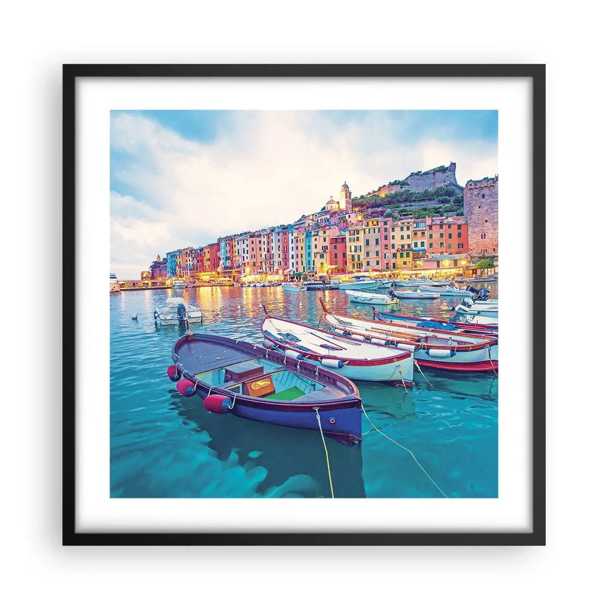 Poster in cornice nera - Sera colorata nel porto - 50x50 cm