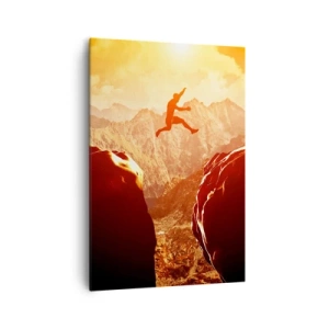 Quadro su tela - Stampe su Tela - Una figura che salta tra le rocce con le montagne sullo sfondo - 70x100cm - Superare i confini - Decorazione murale moderna per soggiorno e camera da letto ARTTOR