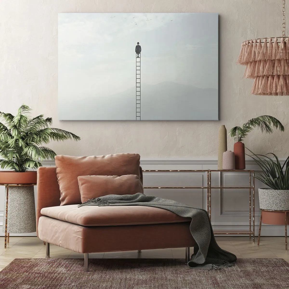Quadro su tela - Stampe su Tela - Un uomo su una scala che sale verso il cielo - 120x80cm - Innalzati al di sopra - Decorazione murale moderna per soggiorno e camera da letto ARTTOR