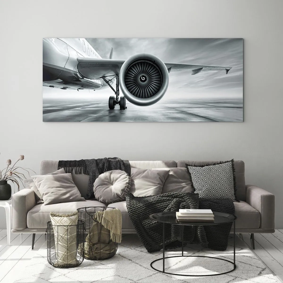 Quadro su vetro - Il motore a reazione di un aereo sulla pista - 140x50cm - C'è la forza! - Decorazione murale moderna per soggiorno e camera da letto ARTTOR