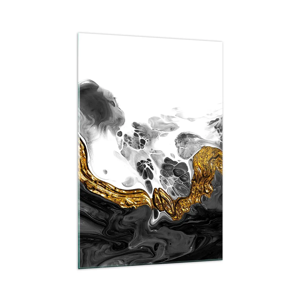 Quadro su vetro - Una composizione astratta con accenti di oro e nero. - 70x100cm - Composizione organica - Decorazione murale moderna per soggiorno e camera da letto ARTTOR
