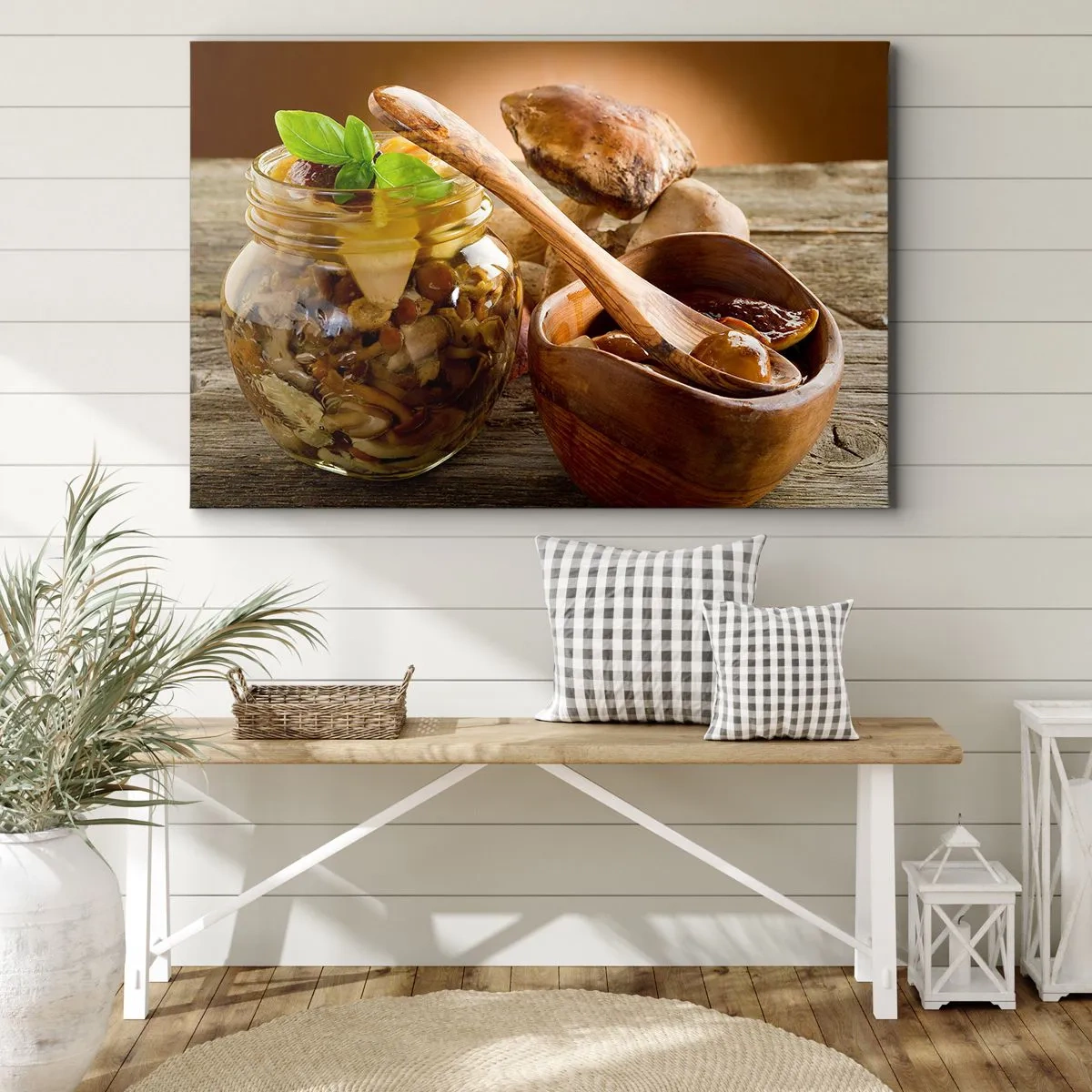 Quadro su tela - Stampe su Tela - Funghi naturali in un barattolo su un tavolo rustico - 70x50cm - Freschi, conservati, autunnali... - Decorazione murale moderna per soggiorno e camera da letto ARTTOR