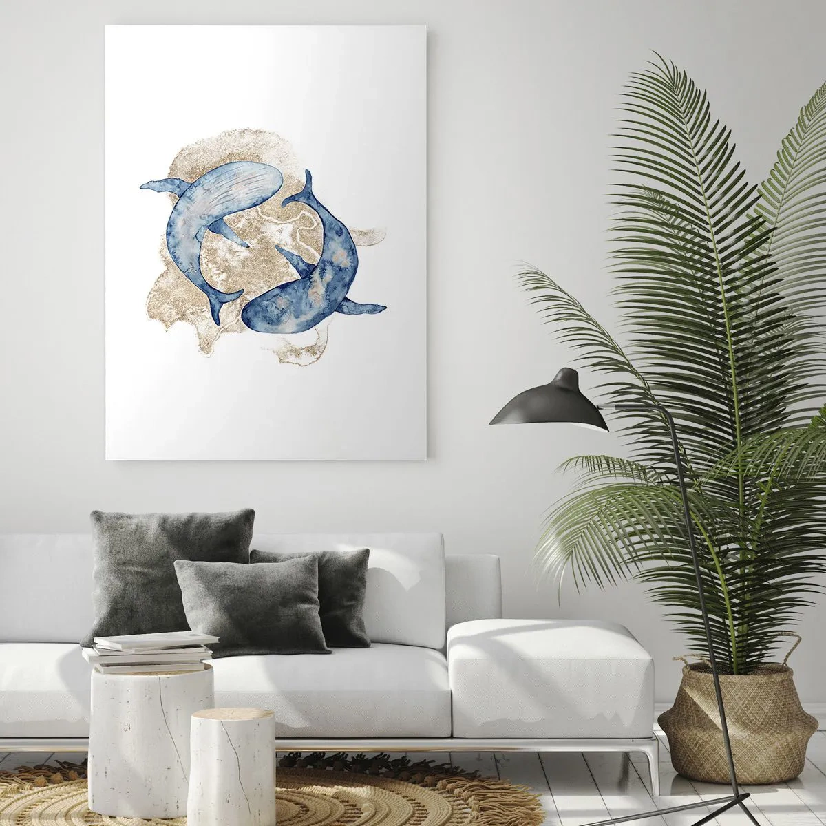 Quadro su vetro - Balene blu astratte su uno sfondo chiaro - 70x100cm - Amicizia o amore? - Decorazione murale moderna per soggiorno e camera da letto ARTTOR
