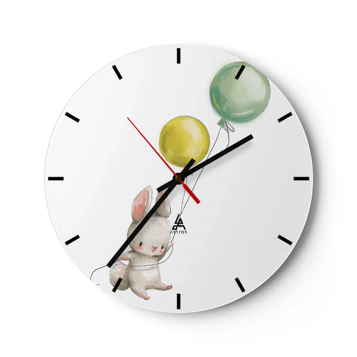 Orologio da parete - Orologio in Vetro - Un coniglietto che tiene in mano un palloncino verde e giallo che fluttua nell'aria - 30x30cm - Volo anch'io! - Decorazione murale moderna per soggiorno, cucina e camera da letto ARTTOR