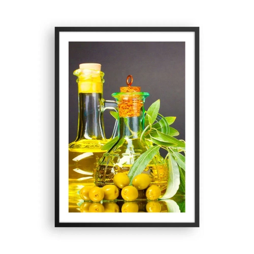 Poster in cornice nera - Bottiglie di olio d'oliva e olive verdi - 50x70cm - Natura morta con olive e olio - Decorazione murale moderna per soggiorno e camera da letto ARTTOR