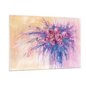 Quadro su vetro - Un bouquet di rose nei toni del rosa e del viola su uno sfondo pastello - 120x80cm - Fontana rosa - Decorazione murale moderna per soggiorno e camera da letto ARTTOR
