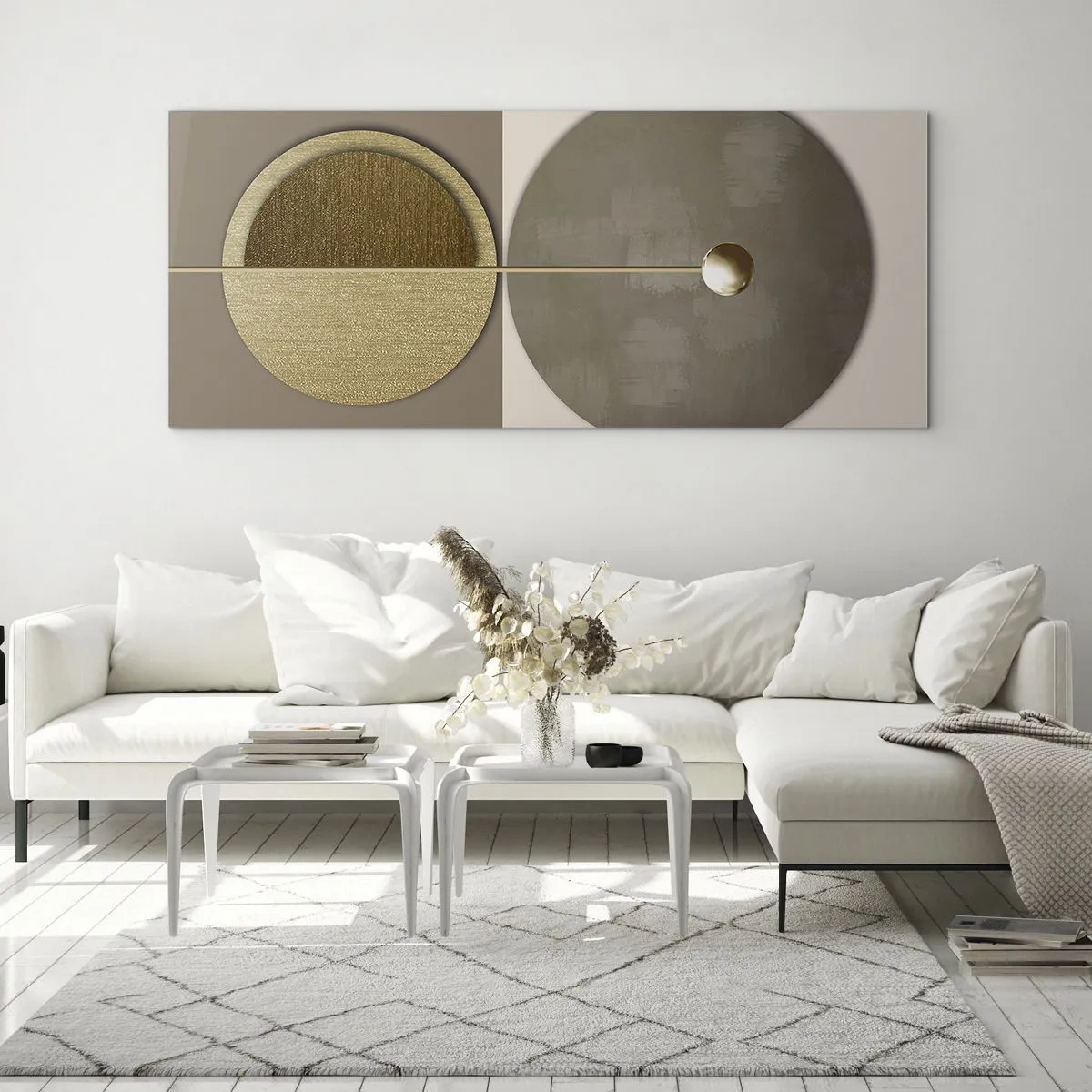 Quadro su vetro - Cerchi astratti nei toni dell'oro e del beige - 120x50cm - Equilibrio perfetto - Decorazione murale moderna per soggiorno e camera da letto ARTTOR