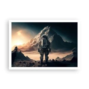 Poster - Astronauta sullo sfondo di maestose montagne - 100x70cm - Nuova sfida - Decorazione murale moderna per soggiorno e camera da letto ARTTOR