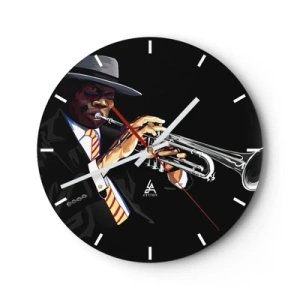 Orologio da parete - Orologio in Vetro - Un quadrante di orologio con un motivo di trombettista jazz su sfondo nero - 30x30cm - Il fascino della Old School - Decorazione murale moderna per soggiorno, cucina e camera da letto ARTTOR
