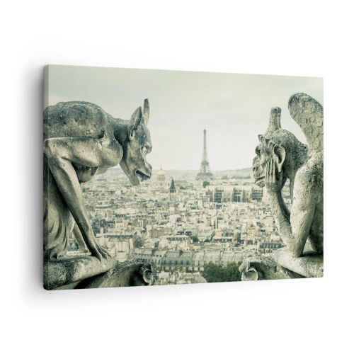 Quadro su tela - Stampe su Tela - Gargoyle che dominano lo skyline di Parigi e la Torre Eiffel - 70x50cm - Chiacchierate parigine - Decorazione murale moderna per soggiorno e camera da letto ARTTOR