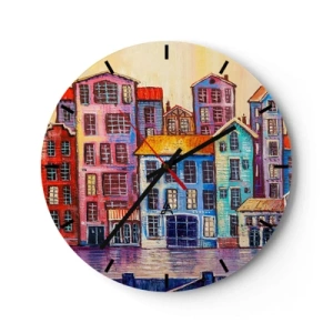 Orologio da parete - Orologio in Vetro - Case popolari colorate riflesse nell'acqua in stile impressionista - 30x30cm - Una città da favola - Decorazione murale moderna per soggiorno, cucina e camera da letto ARTTOR