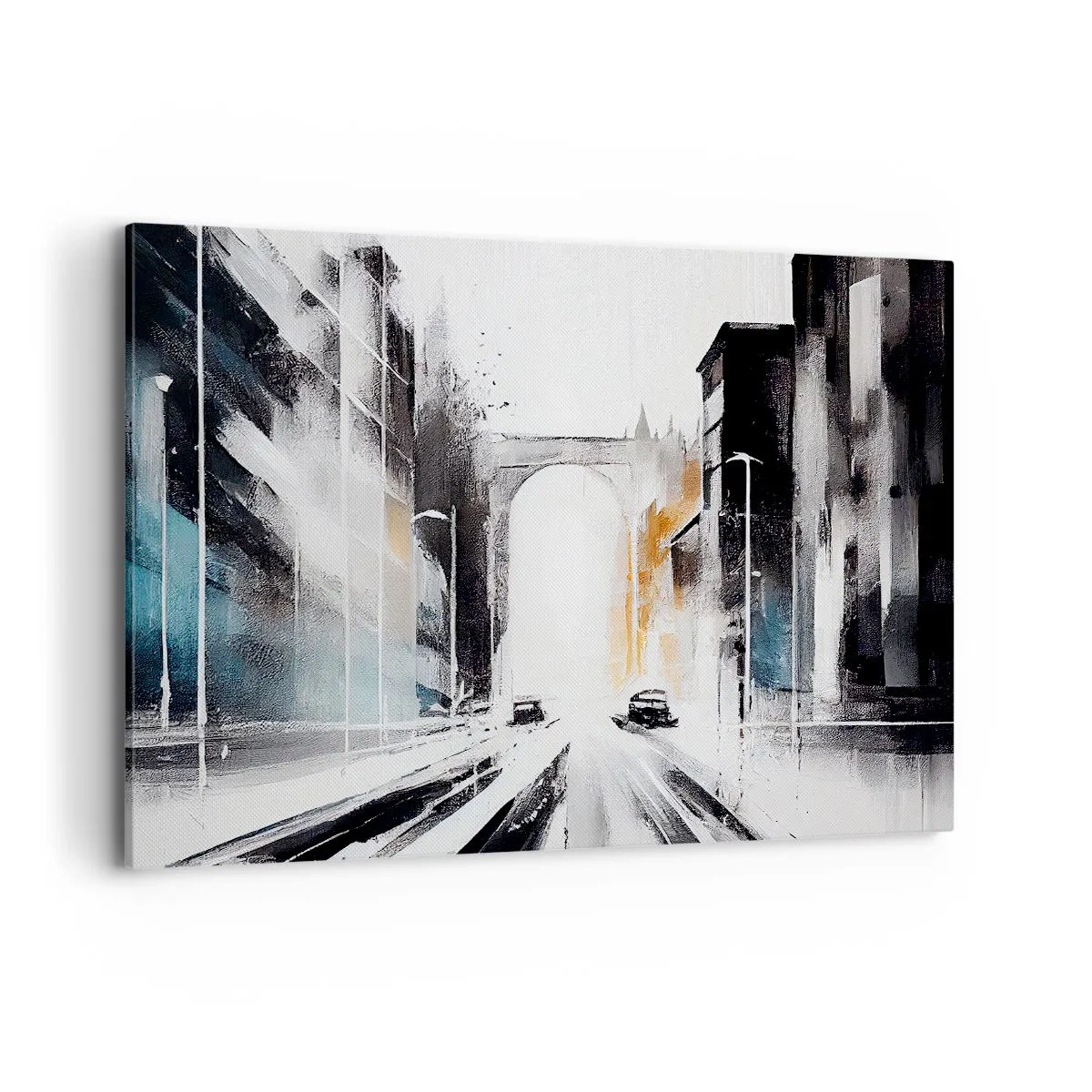 Quadro su tela - Stampe su Tela - Panorama astratto della città con un ponte ad arco - 100x70cm - Studio di città: architettura e movimento - Decorazione murale moderna per soggiorno e camera da letto ARTTOR