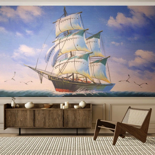 Fotomurali Premium Sand - Una nave a vela in alto mare sotto vele bianche - 100x70cm - Con orgoglio nel vento - Decorazione murale moderna per soggiorno e camera da letto ARTTOR