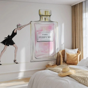 Fotomurali Premium Sand - Illustrazione di una donna con un abito nero e una bottiglia di profumo - 100x70cm - L'essenza della femminilità - Decorazione murale moderna per soggiorno e camera da letto ARTTOR