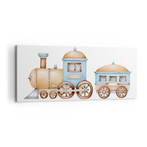 Quadro su tela - Stampe su Tela - Disegno di un treno in tonalità pastello su sfondo bianco - 120x50cm - Fermo alla stazione... - Decorazione murale moderna per soggiorno e camera da letto ARTTOR