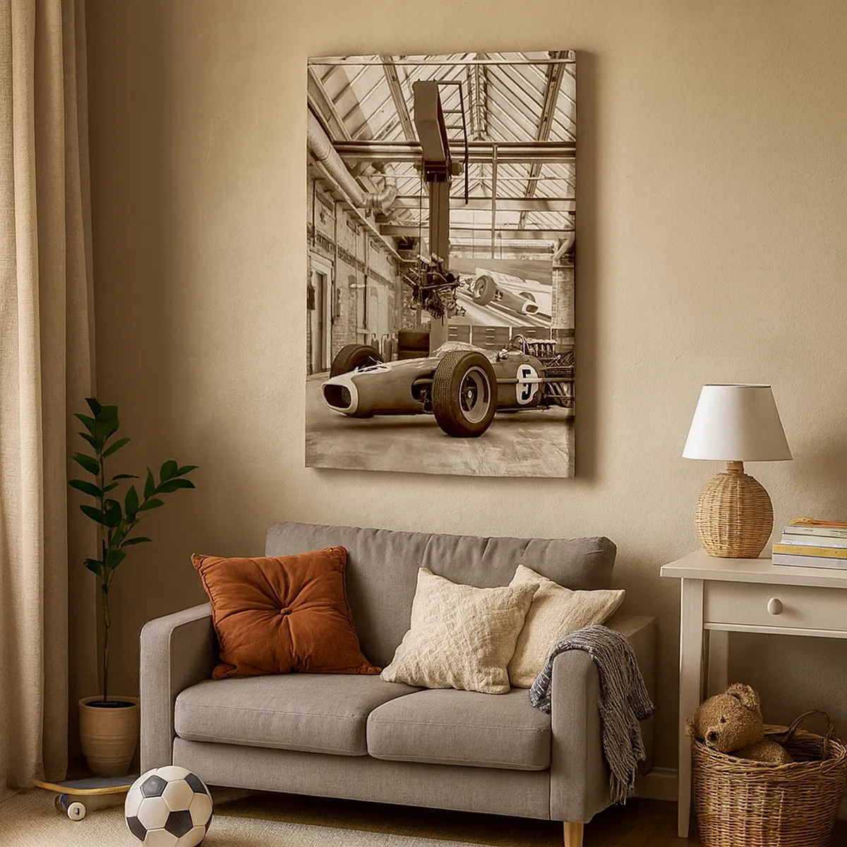 Quadro su tela - Stampe su Tela - Auto da corsa in bianco e nero in un interno industriale - 50x70cm - Il riposo del vincitore - Decorazione murale moderna per soggiorno e camera da letto ARTTOR