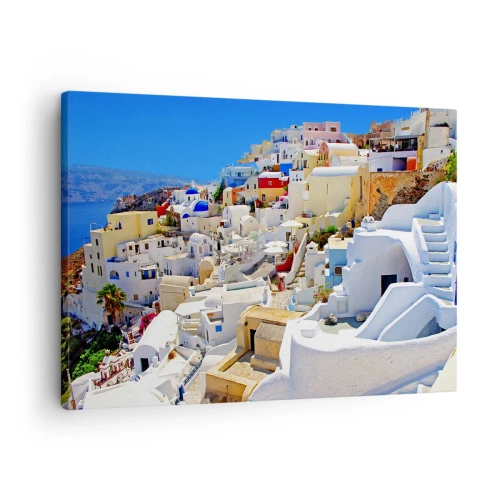 Quadro su tela - Stampe su Tela - Panorama di Santorini con case bianche e cielo azzurro - 70x50cm - Sogno di un'estate greca - Decorazione murale moderna per soggiorno e camera da letto ARTTOR