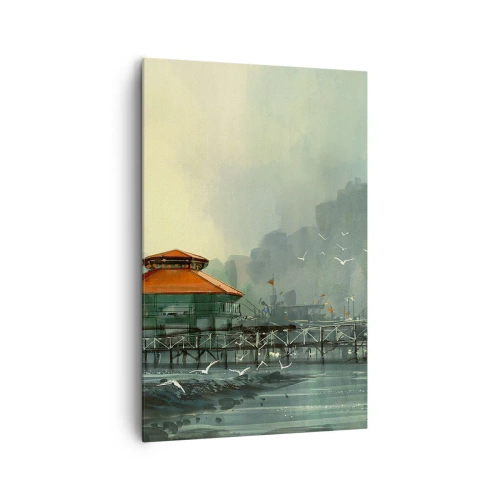 Quadro su tela - Stampe su Tela - Edifici portuali in uno scenario piovoso con gabbiani - 80x120cm - Giornata di pioggia al porto - Decorazione murale moderna per soggiorno e camera da letto ARTTOR