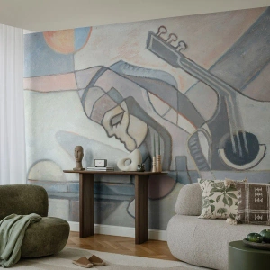 Fotomurali Premium Sand - Ritratto astratto di una donna con una chitarra nei toni del grigio. - 100x70cm - Nel dominio della musica - Decorazione murale moderna per soggiorno e camera da letto ARTTOR