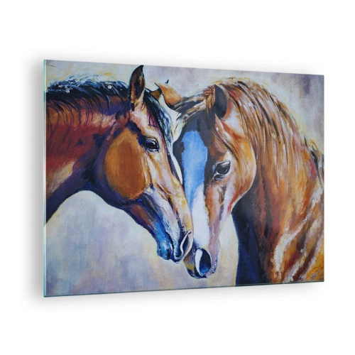 Quadro su vetro - Due cavalli in un tenero gesto di vicinanza - 70x50cm - Sarà amicizia o amore? - Decorazione murale moderna per soggiorno e camera da letto ARTTOR