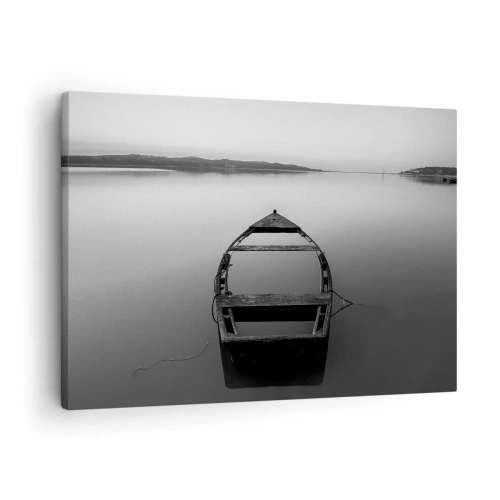 Quadro su tela - Stampe su Tela - Una barca solitaria su un lago calmo nei toni del bianco e del nero - 70x50cm - Nostalgia e malinconia - Decorazione murale moderna per soggiorno e camera da letto ARTTOR