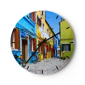 Orologio da parete - Orologio in Vetro - Case popolari colorate con una stretta strada acciottolata - 30x30cm - Un dolce angolo color pastello - Decorazione murale moderna per soggiorno, cucina e camera da letto ARTTOR