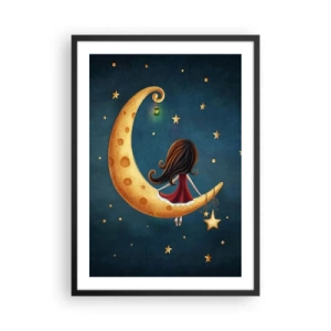Poster in cornice nera - Una ragazza sulla luna circondata da stelle e una lanterna - 50x70cm - Una volta... - Decorazione murale moderna per soggiorno e camera da letto ARTTOR