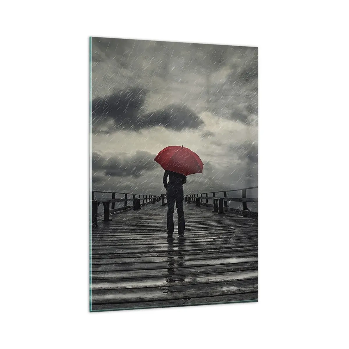 Quadro su vetro - Una persona con un ombrello rosso su un molo piovoso - 80x120cm - Non importa che piove - Decorazione murale moderna per soggiorno e camera da letto ARTTOR