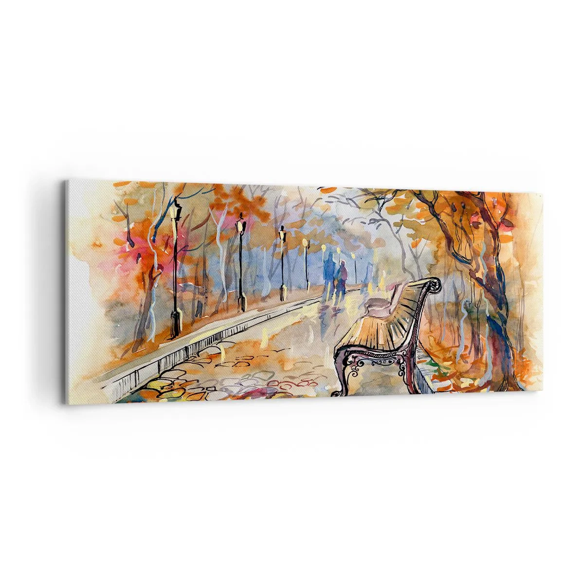 Quadro su tela - Stampe su Tela - Un parco autunnale con una panchina in acquerello - 120x50cm - Passeggiando insieme l'autunno - Decorazione murale moderna per soggiorno e camera da letto ARTTOR