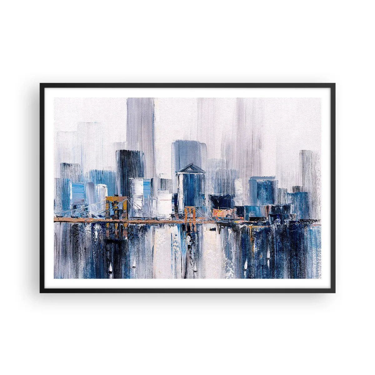 Poster in cornice nera - Panorama urbano astratto con sfumature di blu e giallo - 100x70cm - Impressione di New York - Decorazione murale moderna per soggiorno e camera da letto ARTTOR