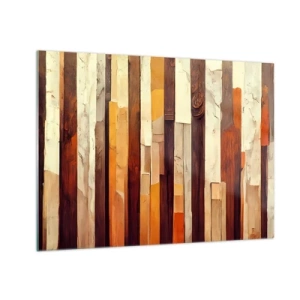 Quadro su vetro - Una composizione di strisce verticali nei toni del legno e del beige - 70x50cm - L'inno dei legni boschivi - Decorazione murale moderna per soggiorno e camera da letto ARTTOR
