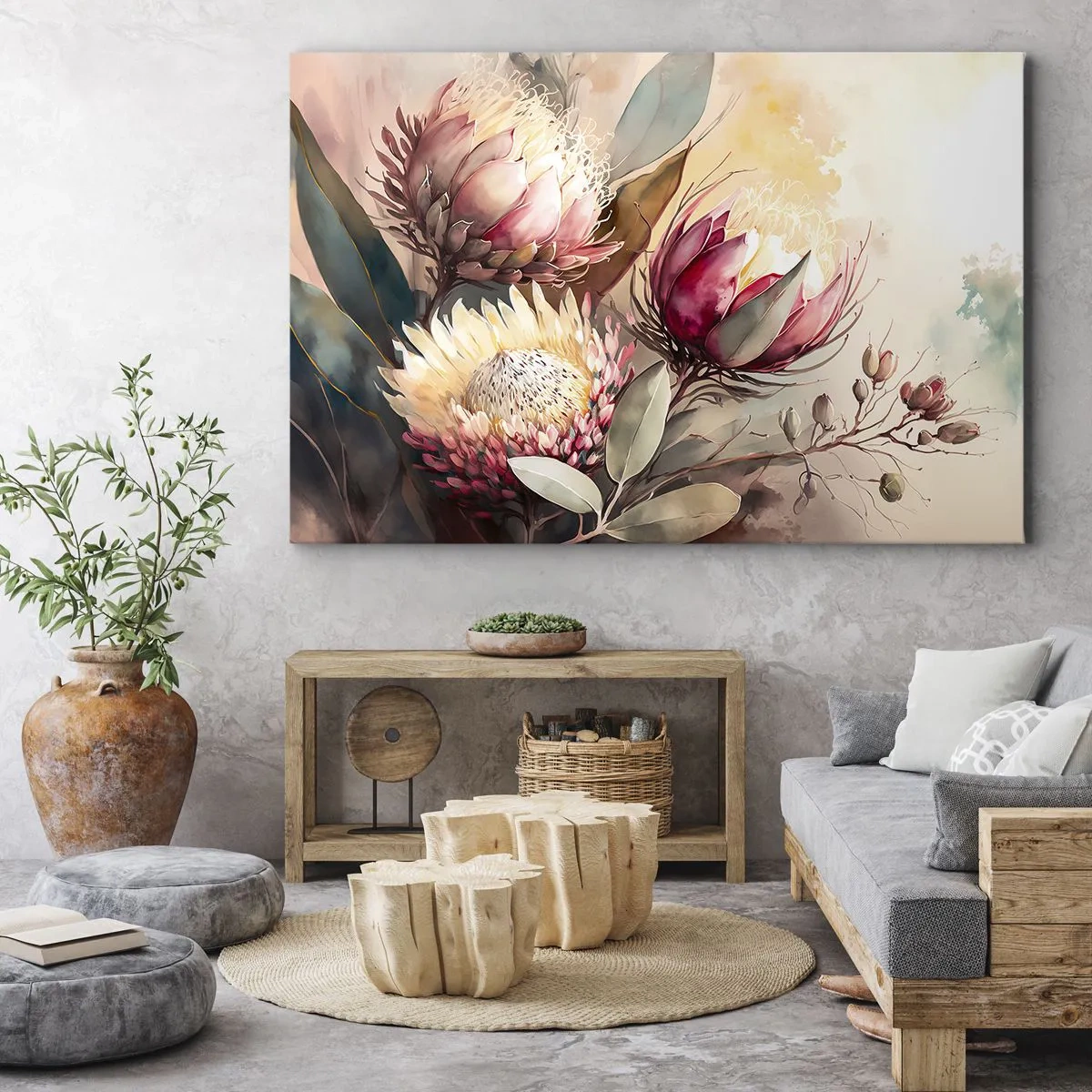Quadro su tela - Stampe su Tela - Fiori di protea in delicate tonalità pastello - 70x50cm - Di profilo e di fronte - Decorazione murale moderna per soggiorno e camera da letto ARTTOR