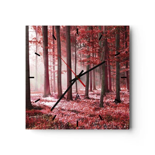 Orologio da parete - Orologio in Vetro - Una splendida foresta dalle tonalità rosse con raggi di luce che penetrano attraverso gli alberi - 30x30cm - Anche rosso è bello - Decorazione murale moderna per soggiorno e camera da letto ARTTOR