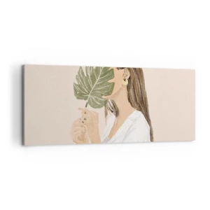 Quadro su tela - Stampe su Tela - Ritratto di una donna con una foglia di monstera su uno sfondo beige - 120x50cm - Misterioso ritratto con ventaglio - Decorazione murale moderna per soggiorno e camera da letto ARTTOR