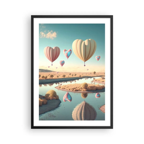 Poster in cornice nera - Palloncini a forma di cuore che fluttuano sopra il paesaggio - 50x70cm - L'amore permette di volare - Decorazione murale moderna per soggiorno e camera da letto ARTTOR