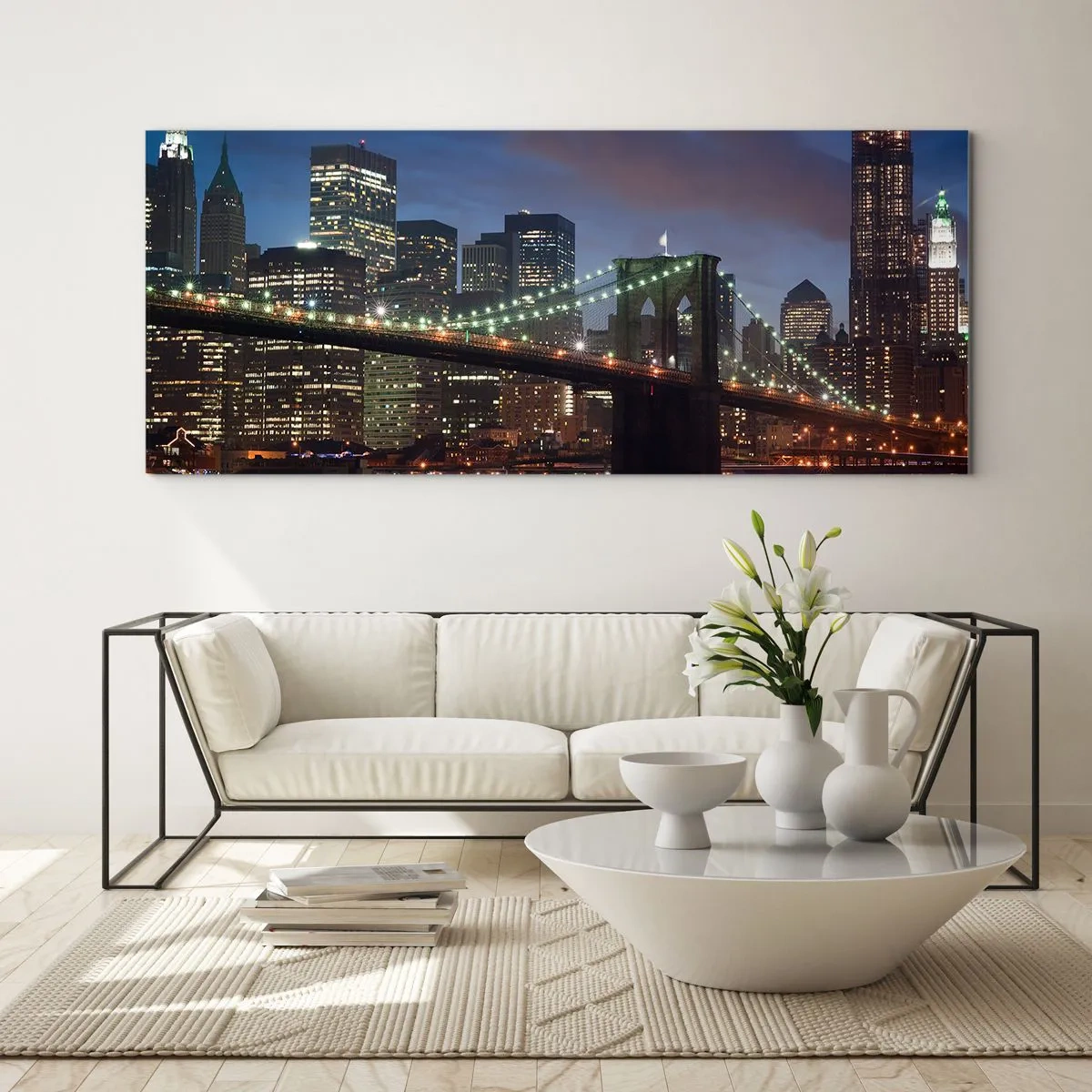 Quadro su vetro - Ponte di New York City di notte con edifici illuminati - 140x50cm - Notte illuminata - Decorazione murale moderna per soggiorno e camera da letto ARTTOR