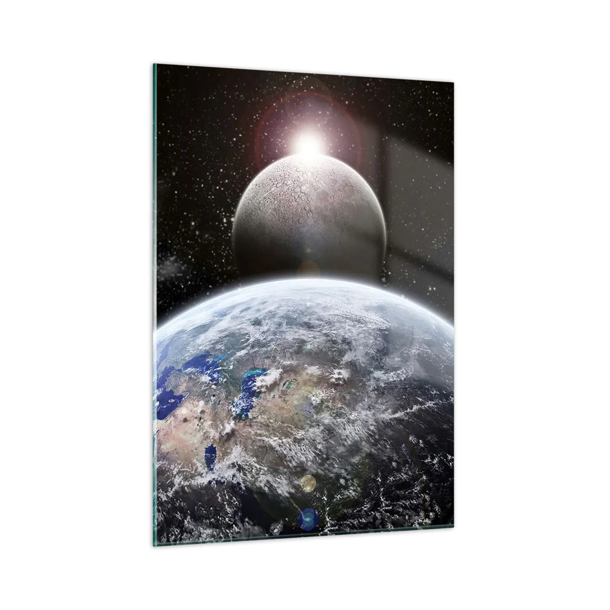 Quadro su vetro - Terra e Luna nello spazio - 50x70cm - Paesaggio cosmico: sorgere del sole - Decorazione murale moderna per soggiorno e camera da letto ARTTOR