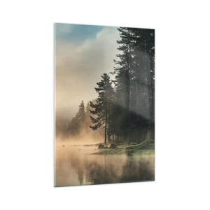 Quadro su vetro - Una foresta nebbiosa sopra un lago calmo - 70x100cm - La nascita del giorno - Decorazione murale moderna per soggiorno e camera da letto ARTTOR