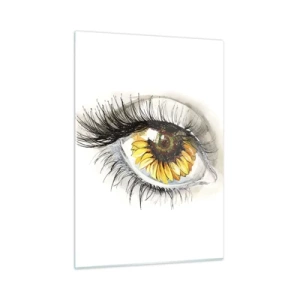 Quadro su vetro - Un occhio con motivo a girasole circondato da delicati dettagli - 50x70cm - Uno sguardo caldo come l'estate - Decorazione murale moderna per soggiorno e camera da letto ARTTOR