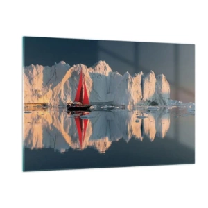 Quadro su vetro - Una barca a vela con una vela rossa vicino agli iceberg al tramonto - 120x80cm - Ai confini del mondo - Decorazione murale moderna per soggiorno e camera da letto ARTTOR