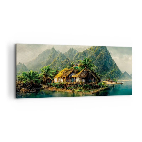 Quadro su tela - Stampe su Tela - Un'isola tropicale con palme e montagne sullo sfondo - 120x50cm - Paradiso tropicale - Decorazione murale moderna per soggiorno e camera da letto ARTTOR