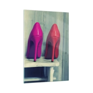 Quadro su vetro - Tacchi alti colorati contro una parete di legno - 80x120cm - A passeggio sull'arcobaleno - Decorazione murale moderna per soggiorno e camera da letto ARTTOR