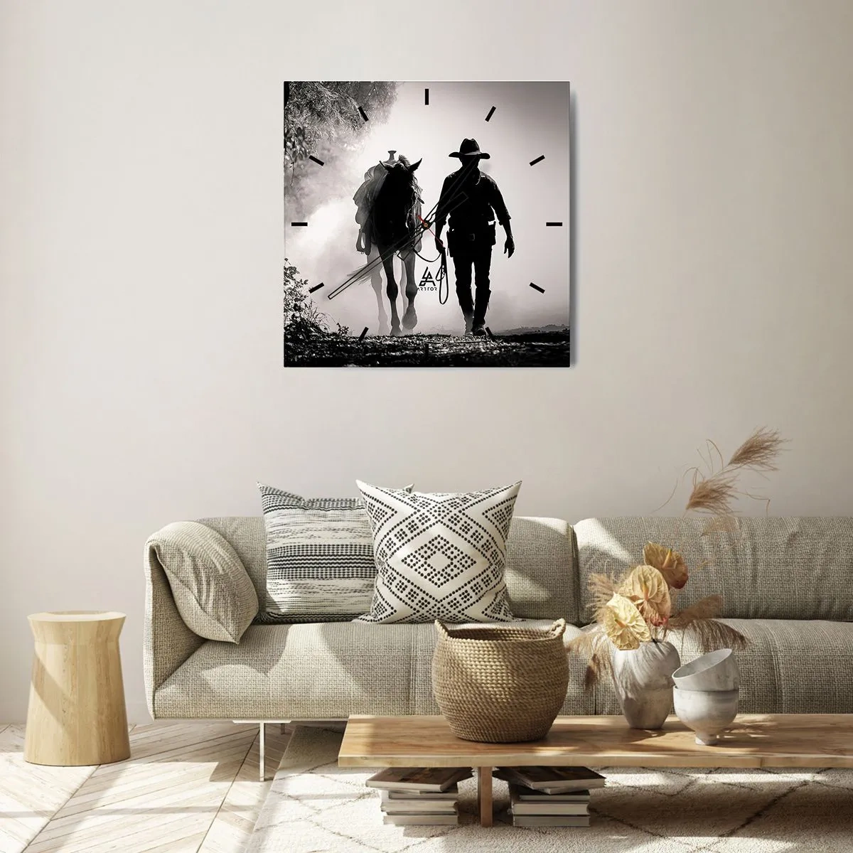 Orologio da parete - Orologio in Vetro - Cowboy con cavallo nella nebbia mattutina - 30x30cm - Mattino texano - Decorazione murale moderna per soggiorno e camera da letto ARTTOR