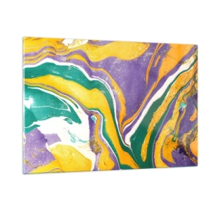Quadro su vetro - Motivo ondulato astratto in giallo, viola e verde - 120x80cm - Onde di colore - Decorazione murale moderna per soggiorno e camera da letto ARTTOR