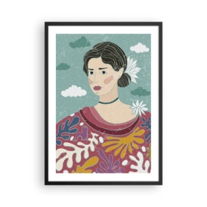 Poster in cornice nera - Ritratto di una donna con un abito colorato e stilizzato su uno sfondo di nuvole. - 50x70cm - Con la malinconia nello sguardo - Decorazione murale moderna per soggiorno e camera da letto ARTTOR